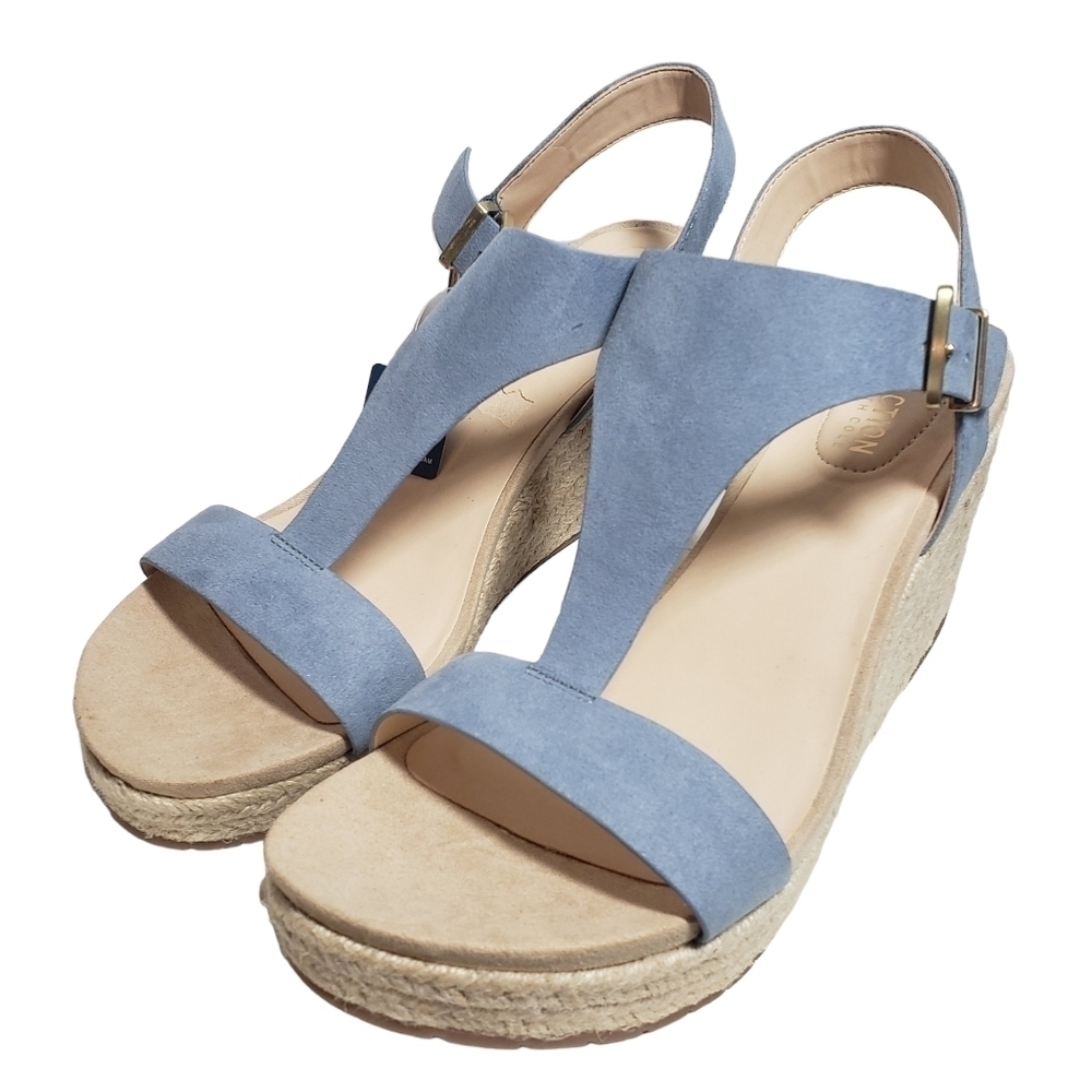 Reaction Kenneth Cole Card Sailboat Blue T-Strap Espadrille Wedge Sandal Sz 9M